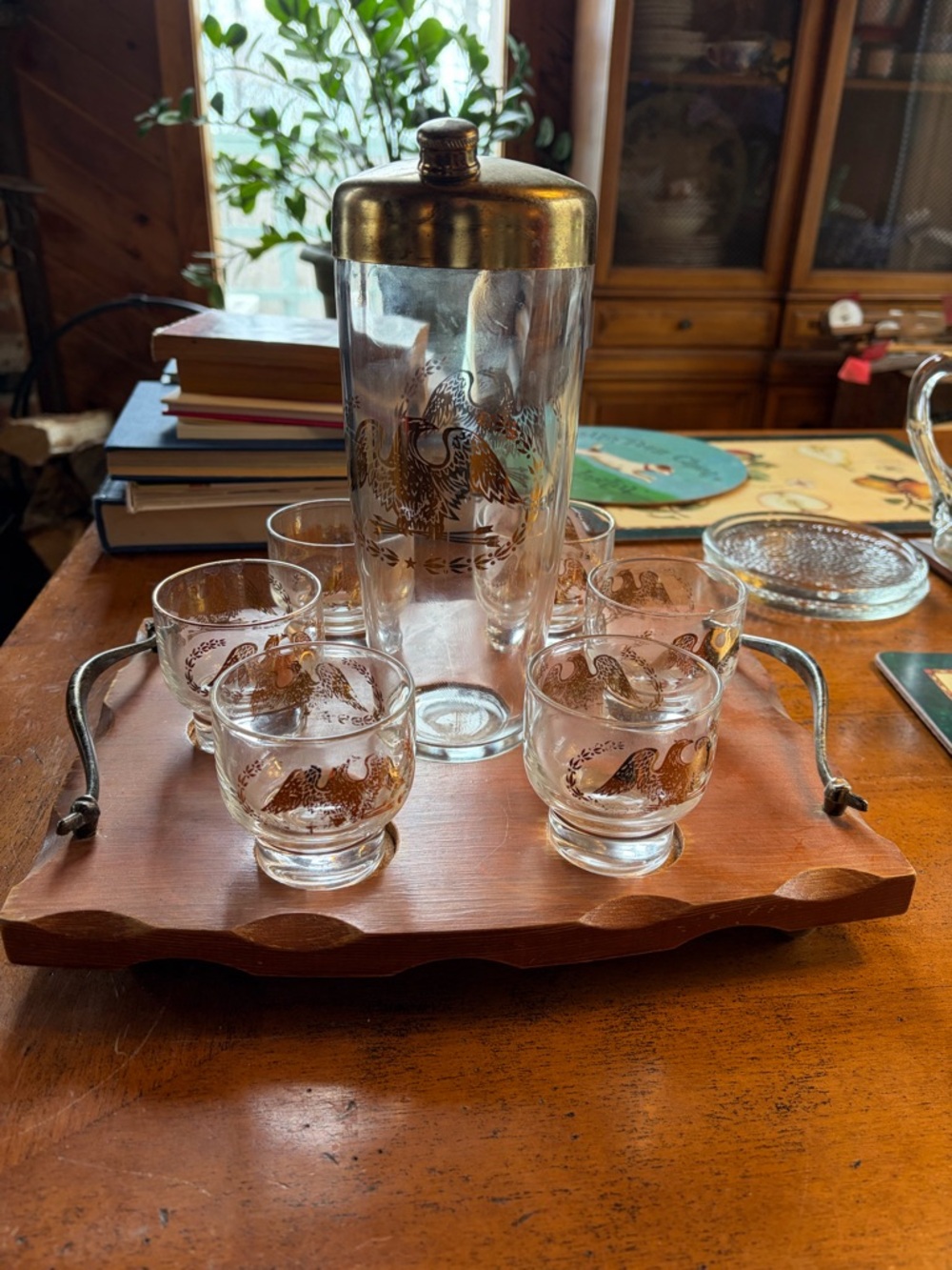 Vintage Barware MCM Gold Eagle Glass Cocktail Shaker and 6 Glasses